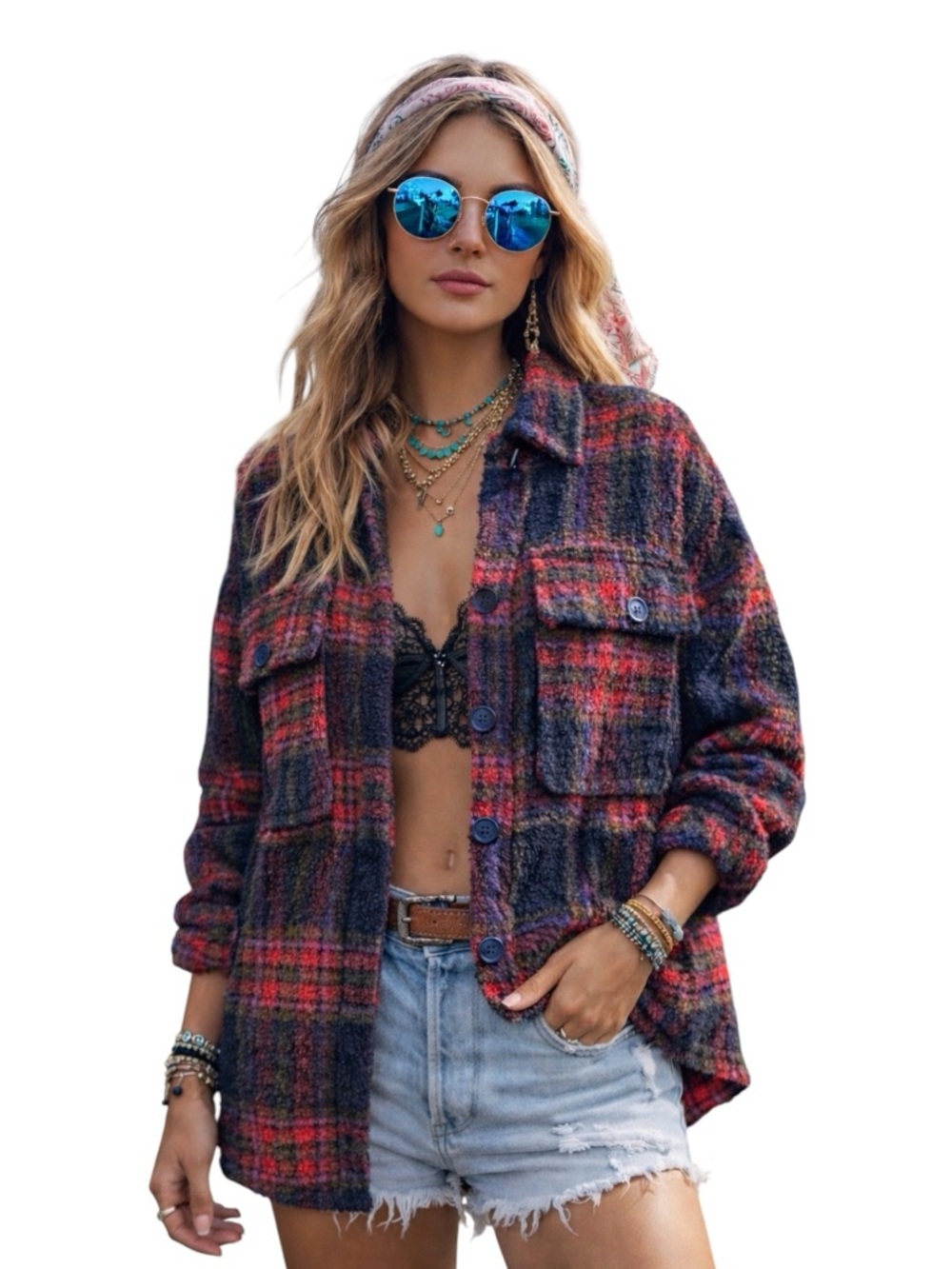 Boho Plaid Boucle Shacket Women’s Small Oversized Festival Jacket Cozy Layer